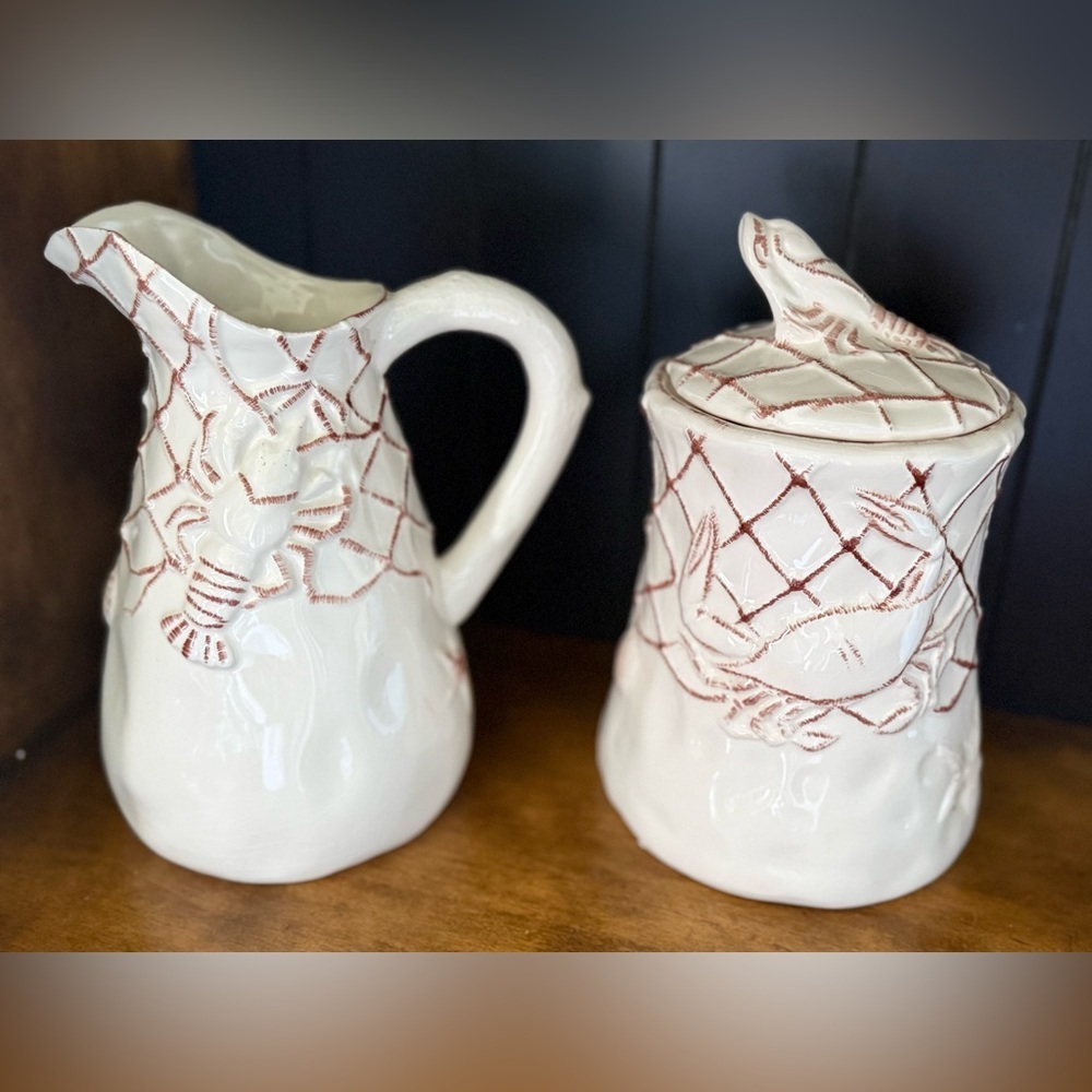 Coastal Lobster Crab Ceramic Pitcher & Lidded Jar Set